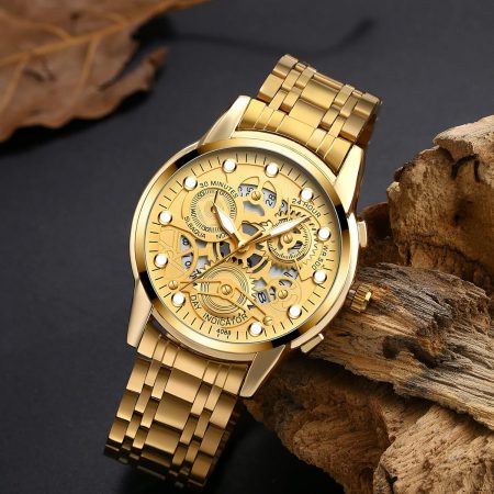 Stainless Steel Strap BinBond Fashion Watch with Smart lock Watch for Men Multifunction Quartz Watch with Luminous Hands (Golden)