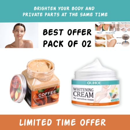 Pack Of 02 | WOKALI Coffee Sherbet Body Scrub 350ml And Whitening Cream 30ml  for Private Areas & Private Part - Underarm