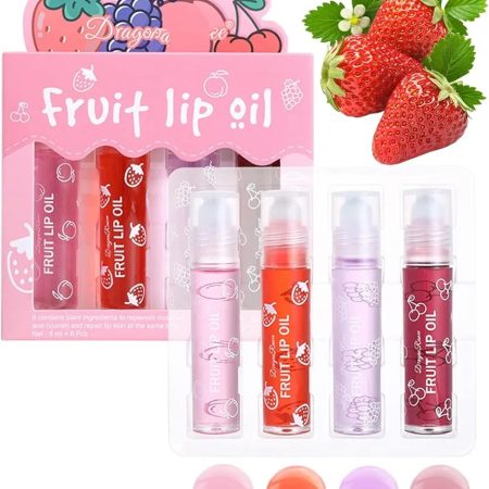 Pack of 4 - Fruit Lip Oil Set, Non-Sticky Long Lasting Moisturizing Lip Oil Lip Care Oil