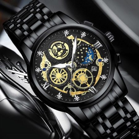Stainless Steel Strap Bin Bond Fashion Watch with Smart lock Watch for Men Multifunction Chronograph Dial Analog Quartz Wristwatch (Black)