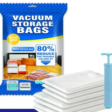 Space Saving Storage Vacuum Bags for Clothes, Blankets, Pillows, Beddings / Vacuum Storage Bag 5 Bags 1 Manual Pump inside of packet